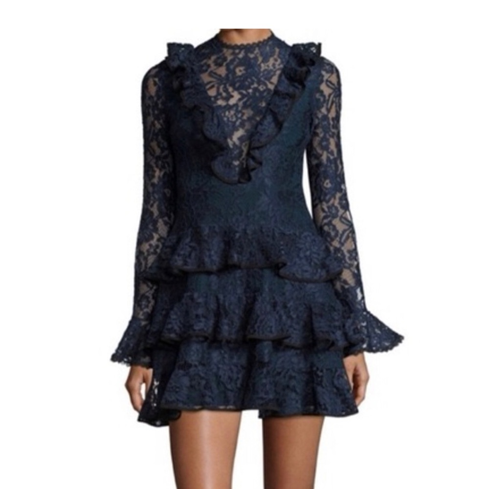 Alexis Navy Lace Ruffle Tiered Long-Sleeve Dress